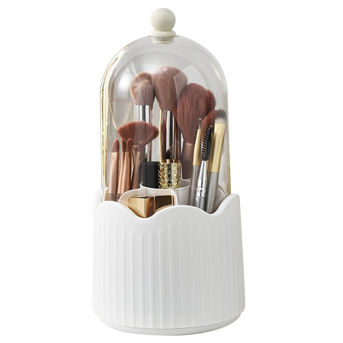 Organizator Rotativ pentru Pensule de Machiaj, Suport cu Capac Protectie 360 Grade, Recipient Depozitare Cosmetice si Rujuri, Plastic ABS, 36 x 13 cm, Alb