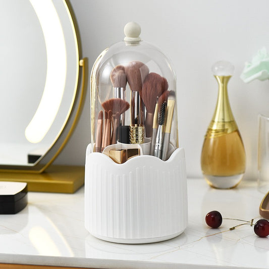 Organizator Rotativ pentru Pensule de Machiaj, Suport cu Capac Protectie 360 Grade, Recipient Depozitare Cosmetice si Rujuri, Plastic ABS, 36 x 13 cm, Alb