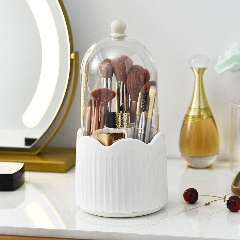 Organizator Rotativ pentru Pensule de Machiaj, Suport cu Capac Protectie 360 Grade, Recipient Depozitare Cosmetice si Rujuri, Plastic ABS, 36 x 13 cm, Alb