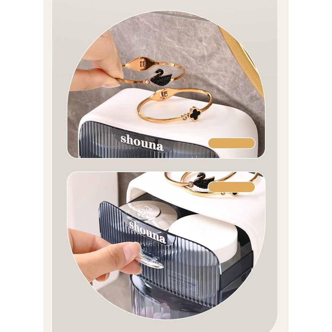 Organizator Cosmetice si Baie Rotativ 360 Grade, Suport Machiaj cu 4 Compartimente si 1 Sertar, Plastic PP si PET, 27.5 x 16 x 11 cm, Albastru