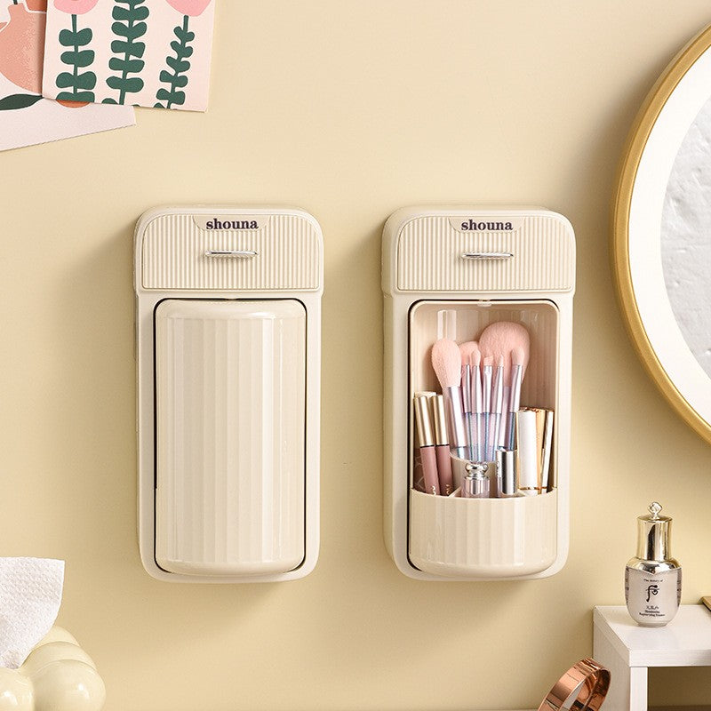 Organizator Cosmetice Si Baie Rotativ 360 Grade, Suport Machiaj Cu 4 Compartimente Si 1 Sertar, Plastic PP Si PET, 27.5 x 16 x 11 cm, Crem