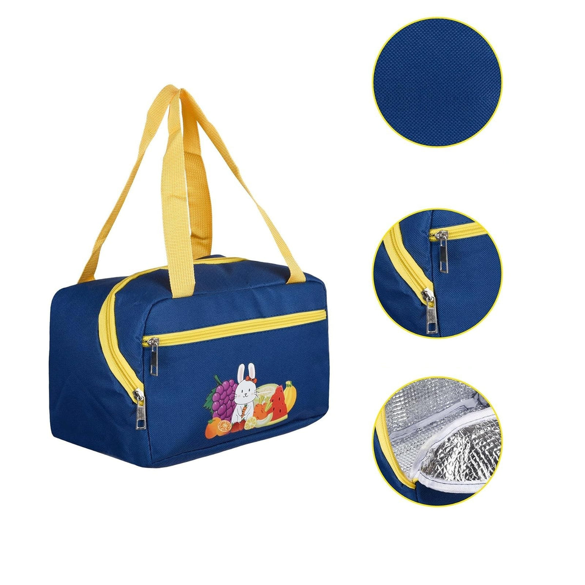 Geanta Termoizolanta pentru Pranz, Compartimente Telefon si Tacamuri, Impermeabila, Panza Oxford, Design Iepuras, 30x21x20 cm, Albastru