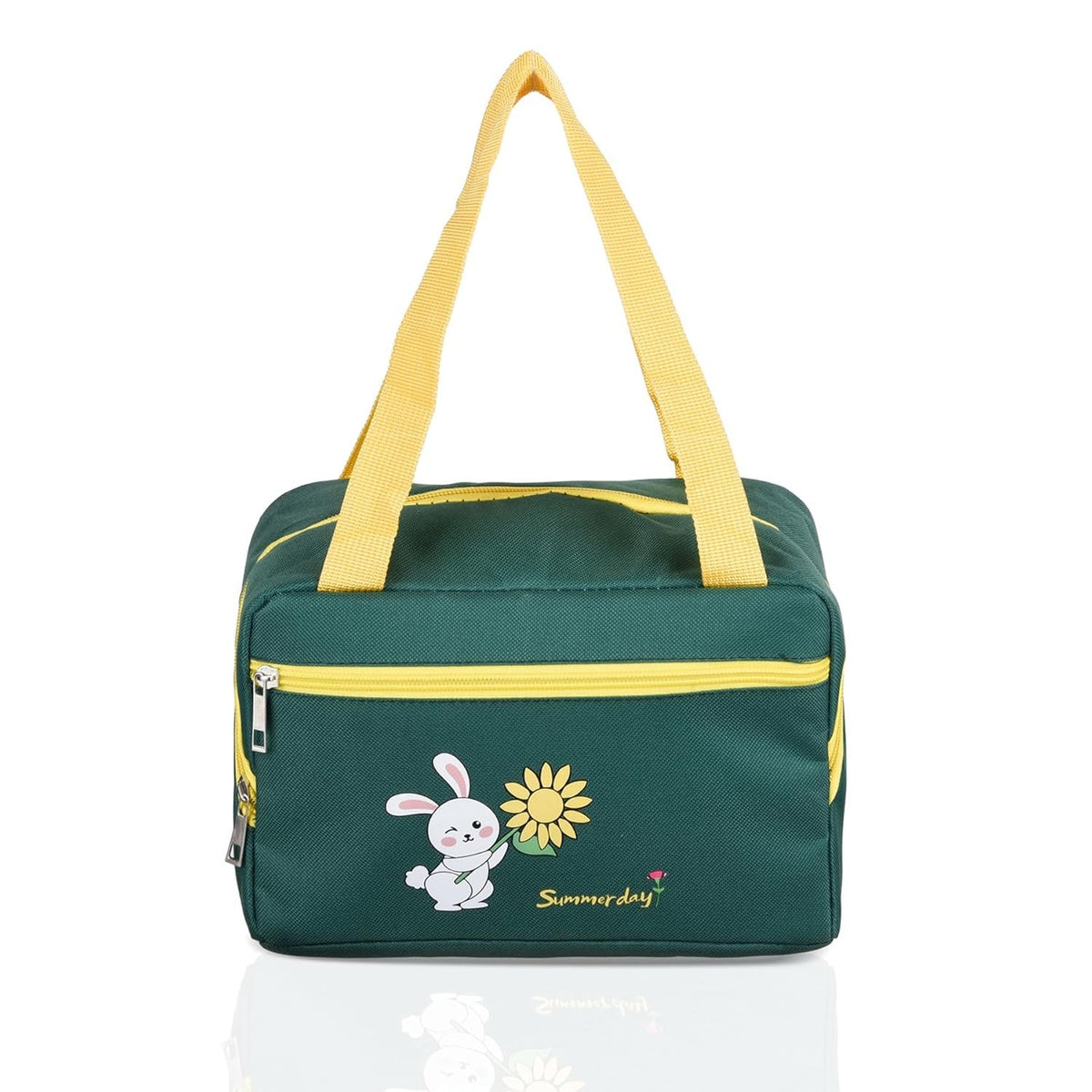 Geanta Termoizolanta Pentru Pranz, Compartiment Telefon Si Tacamuri, Impermeabila, Panza Oxford, 6.4 Litri, Design Iepuras, 30x21x20 cm, Verde