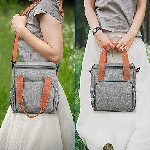 Geanta Termoizolanta pentru Pranz si Picnic, Impermeabila cu Bretea de Umar si Buzunare Exterioare, Panza Oxford si PEVA, 25x22x15 cm, Gri