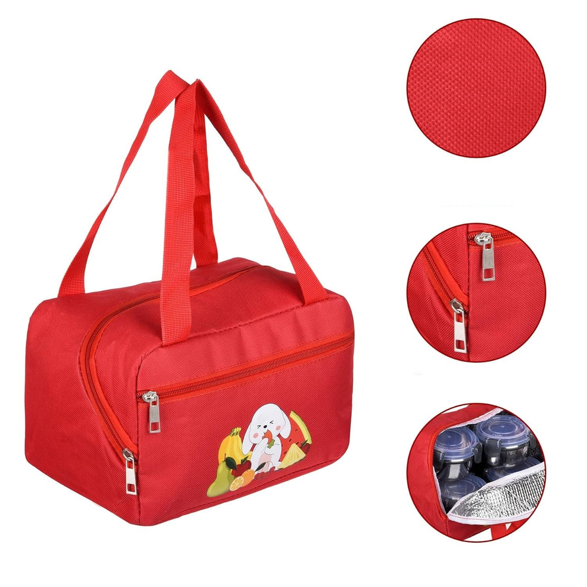 Geanta Termoizolanta pentru Pranz, Compartimente Telefon si Tacamuri, Impermeabila, Panza Oxford, 6.4 Litri, Design Iepuras, 30x21x20 cm, Rosu