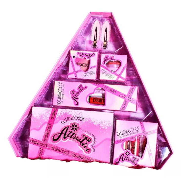 Kevin&Coco Set Machiaj Atractive, Trusa Completa cu Paleta 15 Farduri, Iluminator, Gloss, Creion Buze si Blush, Cutie Cadou, 6 Piese, Multicolor, 35x33x10.5 cm
