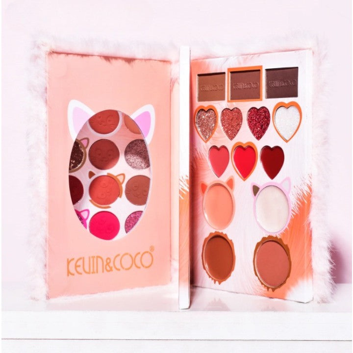 Kevin&Coco Set Machiaj cu 38 Culori, Paletă Farduri de Ochi, Iluminator și Contouring, Husă Pufoasă Model Pisicuță, Dimensiuni 17.3x12.5x5 cm, Multicolor