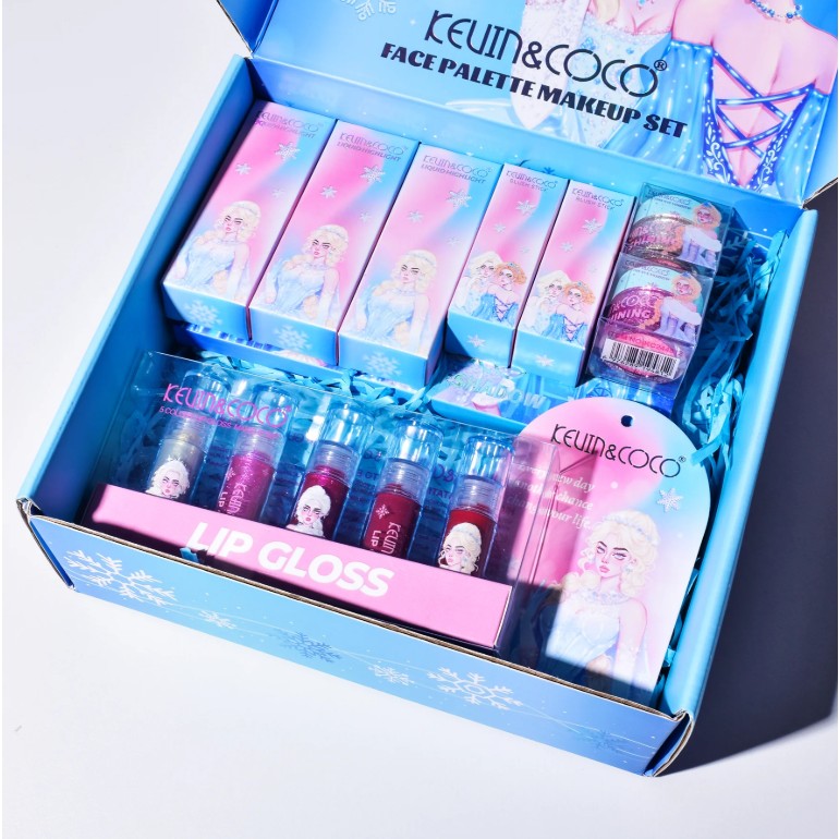 Kevin & Coco Set Machiaj Snow Queen, Trusa Cosmetice cu 18 Farduri Pleoape, 5 Rujuri Lichide, 3 Iluminatoare, 2 Blush, 2 Glitter, 30 Culori, Multicolor, 24.5x21.2x8.7 cm