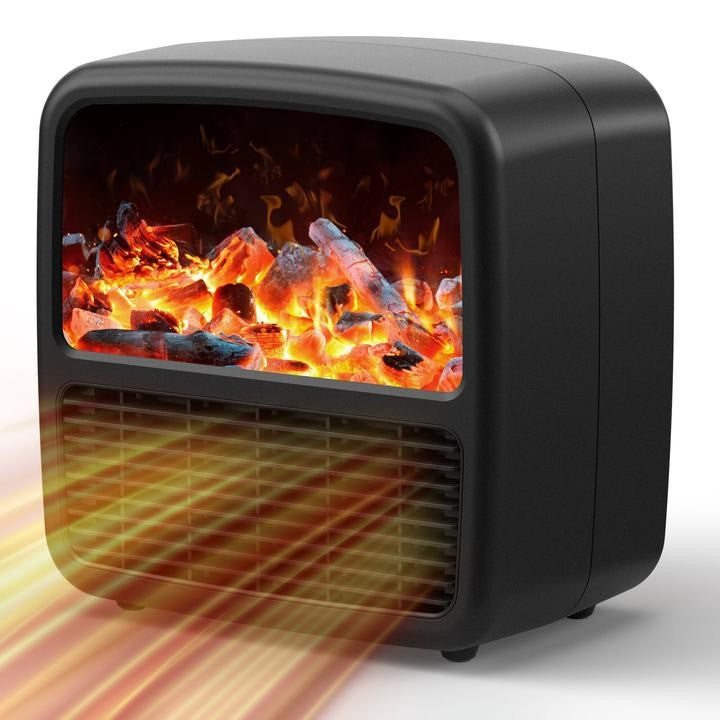 Mini Aeroterma Portabila, Incalzire Rapida PTC, Display LCD cu Efect Flacara Semineu, 1500W, 2 Trepte de Putere, Oprire Automata, Carcasa ABS Ignifug, 22 x 22 x 15 cm, Negru