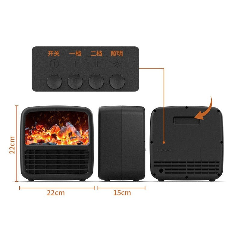 Mini Aeroterma Portabila, Incalzire Rapida PTC, Display LCD cu Efect Flacara Semineu, 1500W, 2 Trepte de Putere, Oprire Automata, Carcasa ABS Ignifug, 22 x 22 x 15 cm, Negru