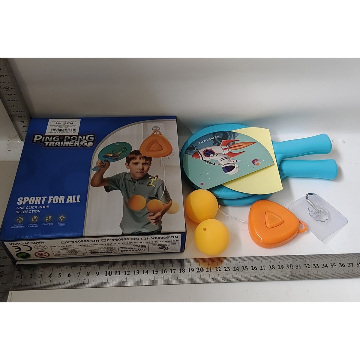 Set Tenis de Masa pentru Copii, Antrenor Suspendat cu Inaltime Reglabila, Design Animat Spatial, Plastic si ABS, include 2 Palete si 2 Mingi, Albastru