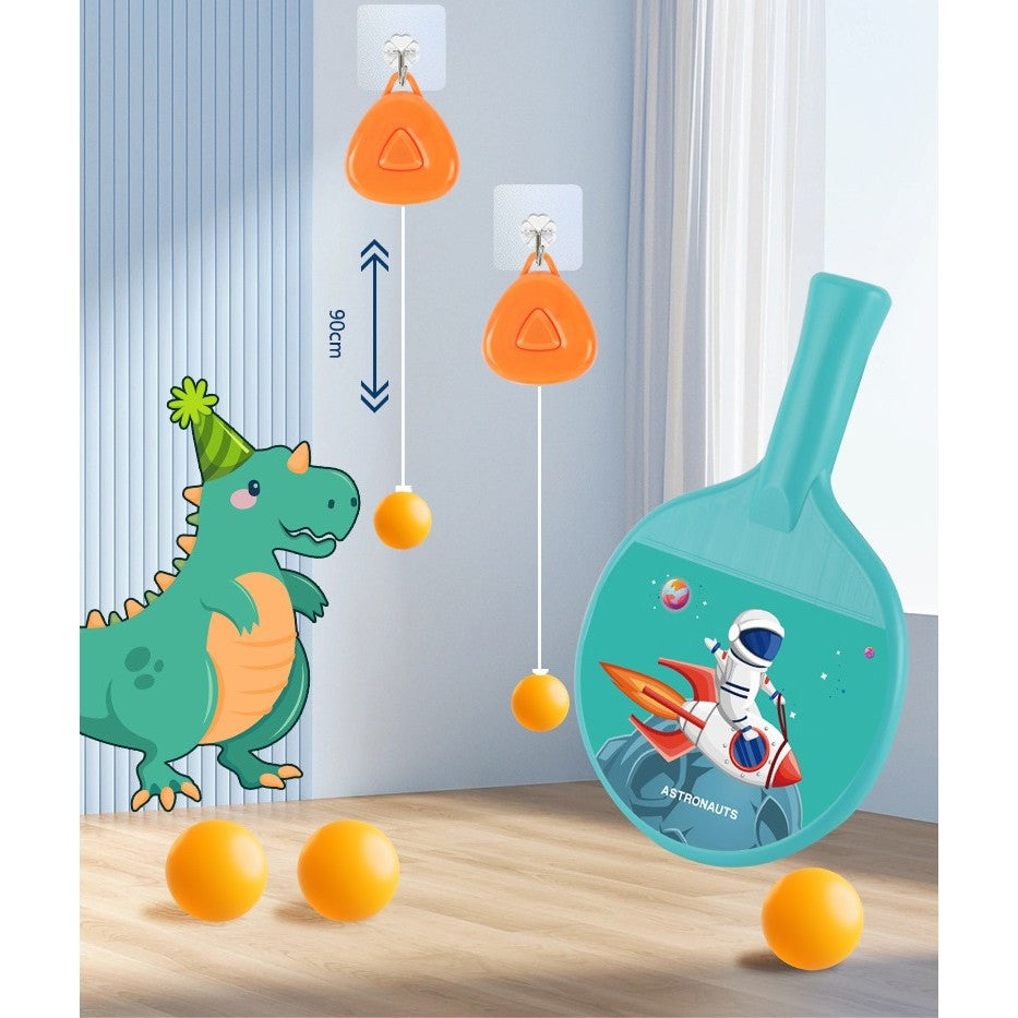 Set Tenis de Masa pentru Copii, Antrenor Suspendat cu Inaltime Reglabila, Design Animat Spatial, Plastic si ABS, include 2 Palete si 2 Mingi, Albastru