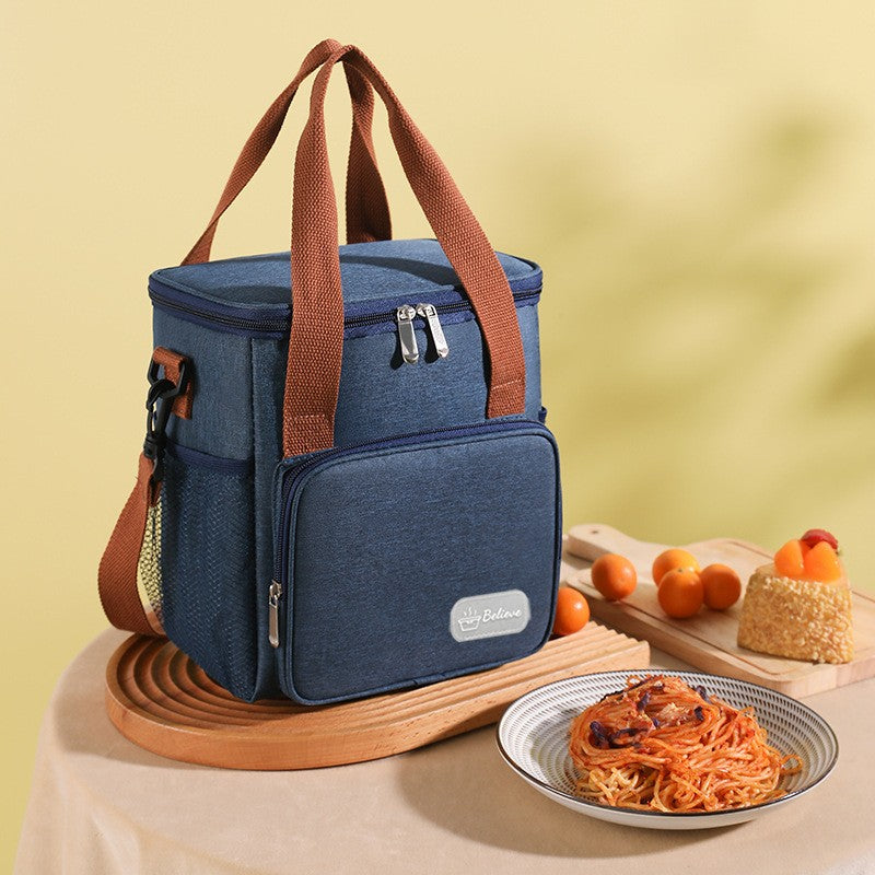 Geanta Termoizolanta pentru Pranz si Picnic, Compartiment Principal cu Interior PEVA Impermeabil, Panza Oxford cu Bretea de Umar si Buzunare Exterioare, 25x22x15 cm, Albastru
