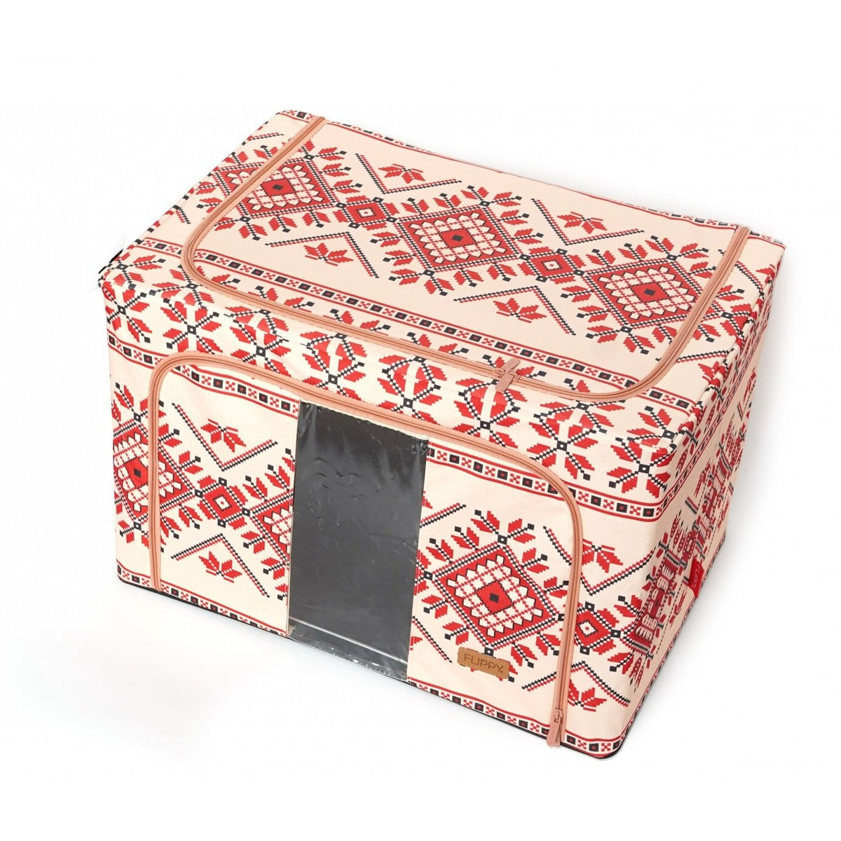Cutie de Depozitare Pliabila, Organizator Haine si Lenjerie, Cadru Metalic si Fereastra, 2 Usi cu Fermoar, Bumbac si In, 100 L, 60x42x40 cm, Motiv Traditional Model 2
