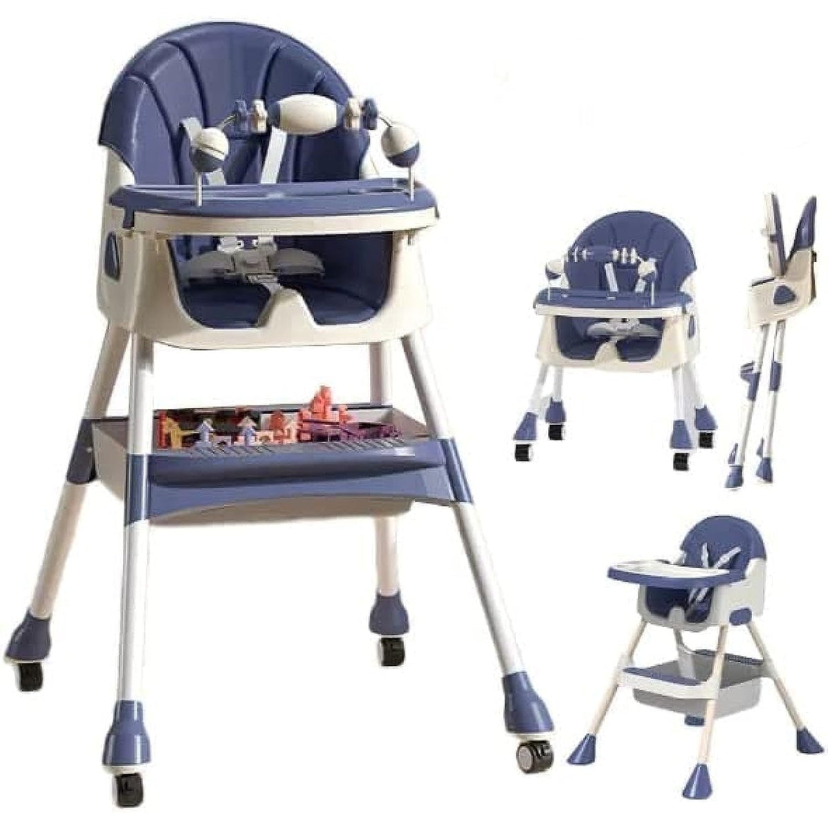 Scaun de Masa 2in1 pentru Copii si Bebelusi, Inaltime Reglabila, Centura in 5 Puncte, Tavita Dubla, Roti cu Frana, Otel si Piele PU, 6 Luni - 5 Ani, 94 x 78 x 60 cm, Albastru/Alb