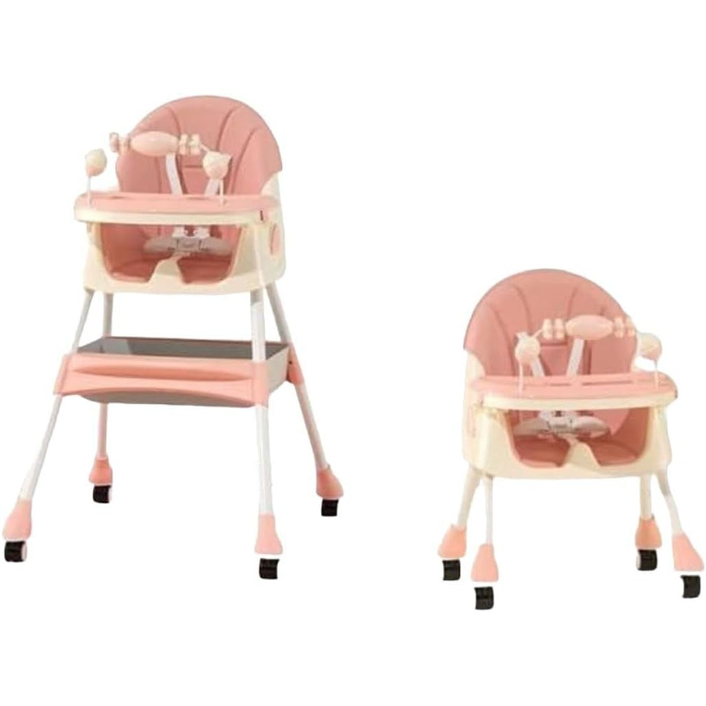 Scaun de Masa 2in1 pentru Copii si Bebelusi, Inaltime Reglabila, Centura 5 Puncte, Tava Dubla, Roti cu Frana, Material Otel si Piele PU, 6 Luni - 5 Ani, 94 x 78 x 60 cm, Roz