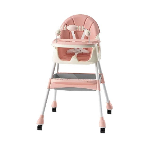 Scaun de Masa 2in1 pentru Copii si Bebelusi, Inaltime Reglabila, Centura 5 Puncte, Tava Dubla, Roti cu Frana, Material Otel si Piele PU, 6 Luni - 5 Ani, 94 x 78 x 60 cm, Roz
