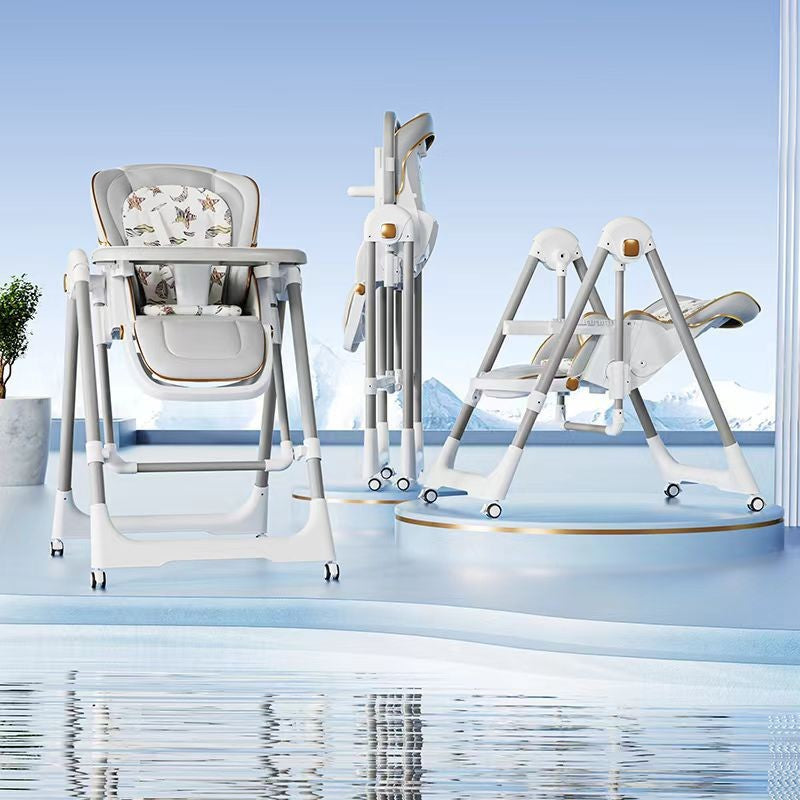 Scaun de Masa 2in1 si Balansoar pentru Copii, Multifunctional, Pliabil cu Roti si Inaltime Reglabila, Otel si Piele PU, 6 Luni - 4 Ani, Gri