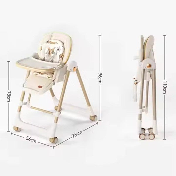 Scaun de Masa 2in1 si Balansoar, Multifunctional pentru Copii 6 Luni - 4 Ani, Pliabil cu Roti, Inaltime si Spatar Reglabil, Tava Dubla, Centura 5 Puncte, Otel si Piele PU, 96 x 56 x 76 cm, Sampanie