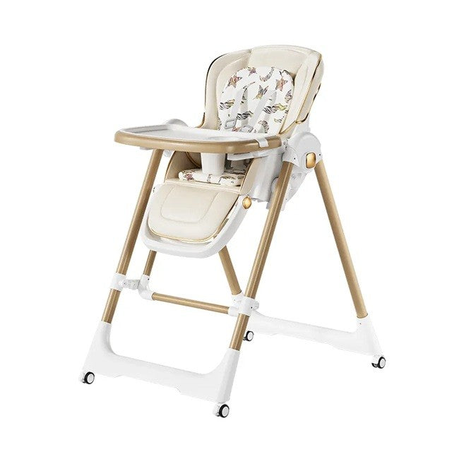 Scaun de Masa 2in1 si Balansoar, Multifunctional pentru Copii 6 Luni - 4 Ani, Pliabil cu Roti, Inaltime si Spatar Reglabil, Tava Dubla, Centura 5 Puncte, Otel si Piele PU, 96 x 56 x 76 cm, Sampanie