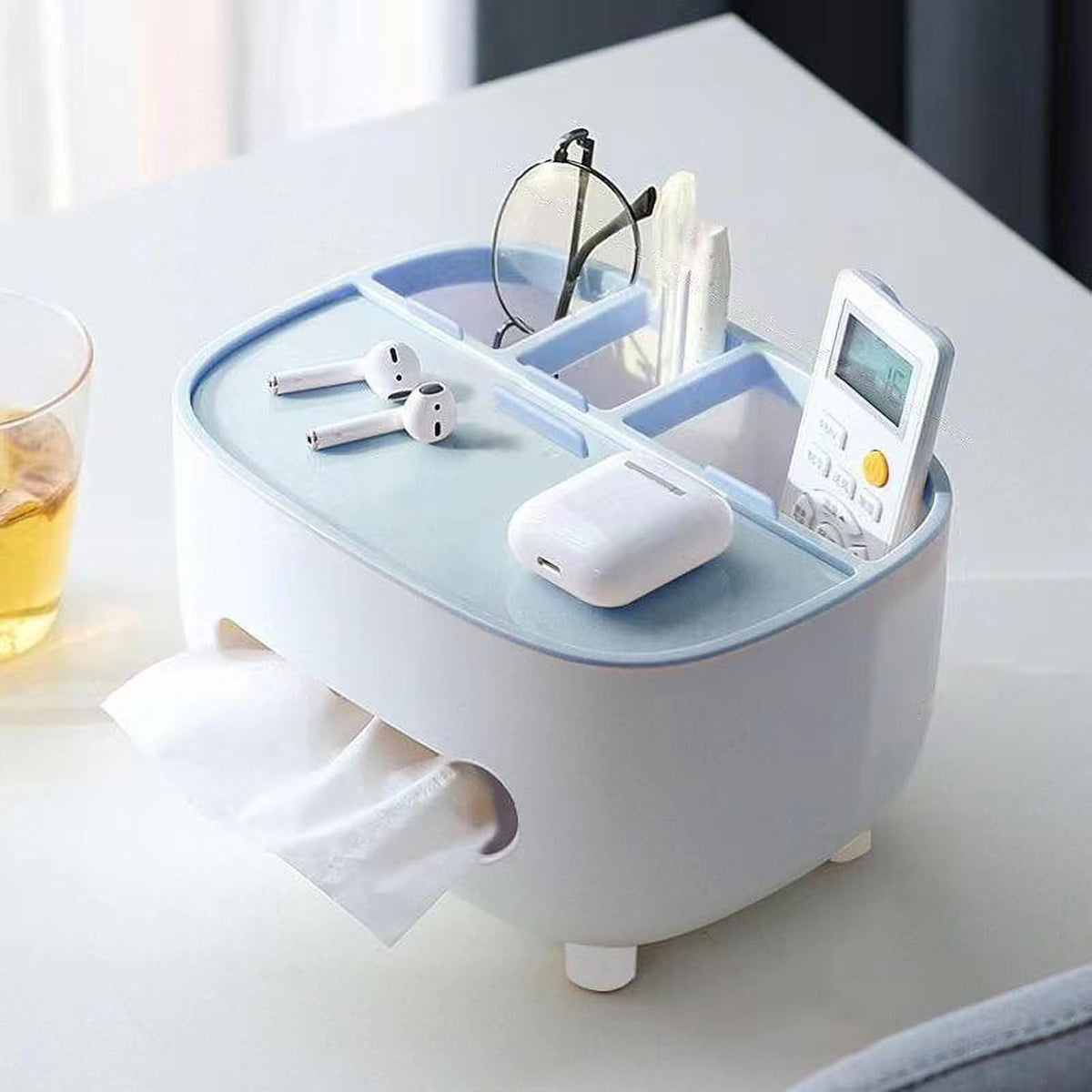 Suport Servetele si Organizator Multifunctional, Cutie Depozitare Accesorii, Design Minimalist, Material ABS, 21x12x12 cm, Albastru