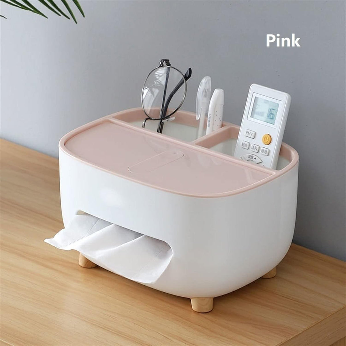 Suport pentru Servetele si Organizator Birou, Cutie Multifunctionala cu Compartiment Obiecte Personale, Design Minimalist, Material ABS, 21x12x12 cm, Roz
