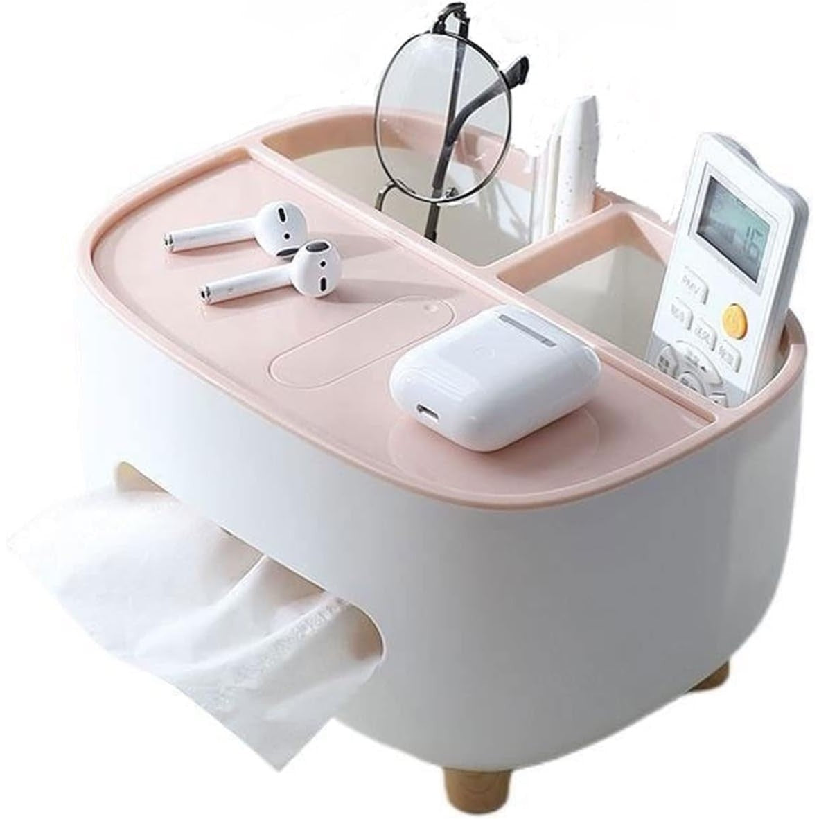 Suport pentru Servetele si Organizator Birou, Cutie Multifunctionala cu Compartiment Obiecte Personale, Design Minimalist, Material ABS, 21x12x12 cm, Roz