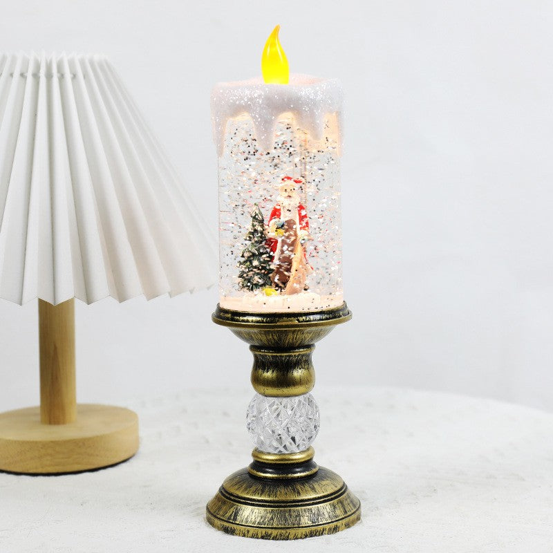 Decorațiune Luminoasă de Crăciun, Lampă LED Tip Sfeșnic cu Muzică și Efect de Ninsoare, Model Moș Crăciun și Brad, Alimentare USB sau Baterii, PVC, 26x8.5x8.5 cm, Auriu