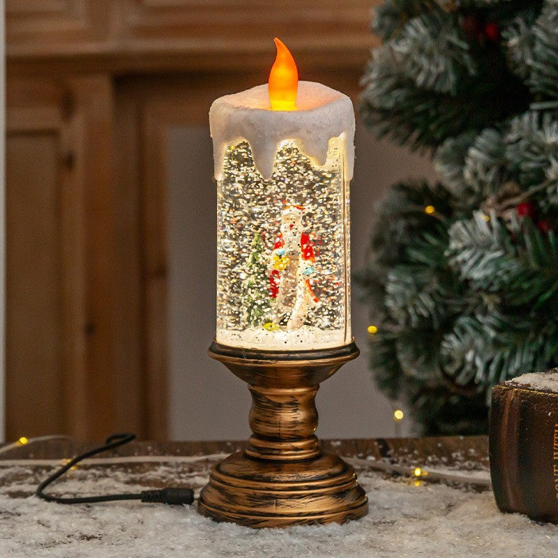 Decorațiune Luminoasă de Crăciun, Lampă LED Tip Sfeșnic cu Muzică și Efect de Ninsoare, Model Moș Crăciun și Brad, Alimentare USB sau Baterii, PVC, 26x8.5x8.5 cm, Auriu