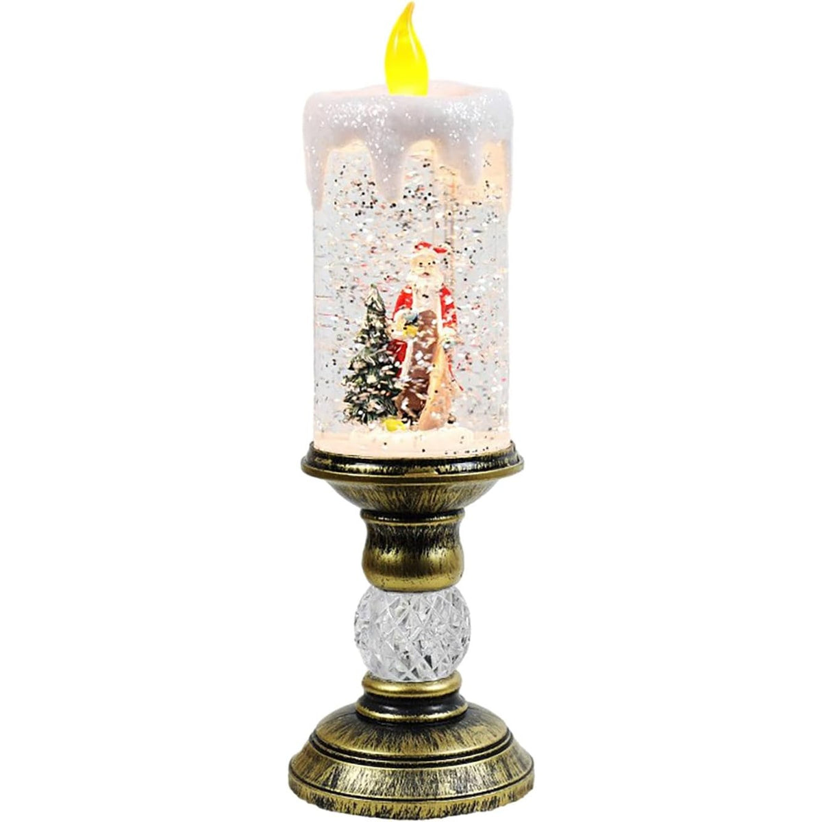 Decorațiune Luminoasă de Crăciun, Lampă LED Tip Sfeșnic cu Muzică și Efect de Ninsoare, Model Moș Crăciun și Brad, Alimentare USB sau Baterii, PVC, 26x8.5x8.5 cm, Auriu