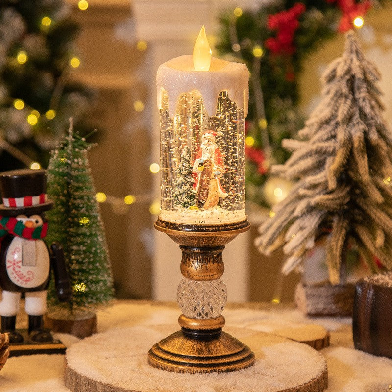 Decorațiune Luminoasă de Crăciun, Lampă LED Tip Sfeșnic cu Muzică și Efect de Ninsoare, Model Moș Crăciun și Brad, Alimentare USB sau Baterii, PVC, 26x8.5x8.5 cm, Auriu