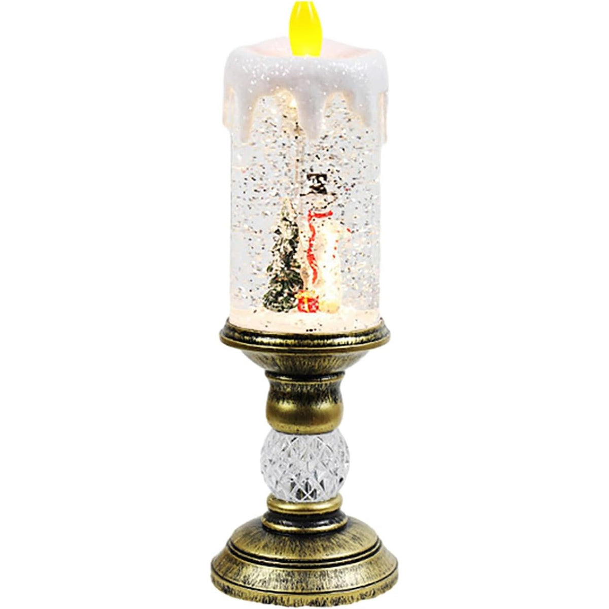 Decorațiune Luminoasă de Crăciun cu LED, Sfeșnic Muzical cu Efect de Ninsoare și Om de Zăpadă, Alimentare USB sau Baterii, PVC, 26x8.5x8.5 cm, Auriu