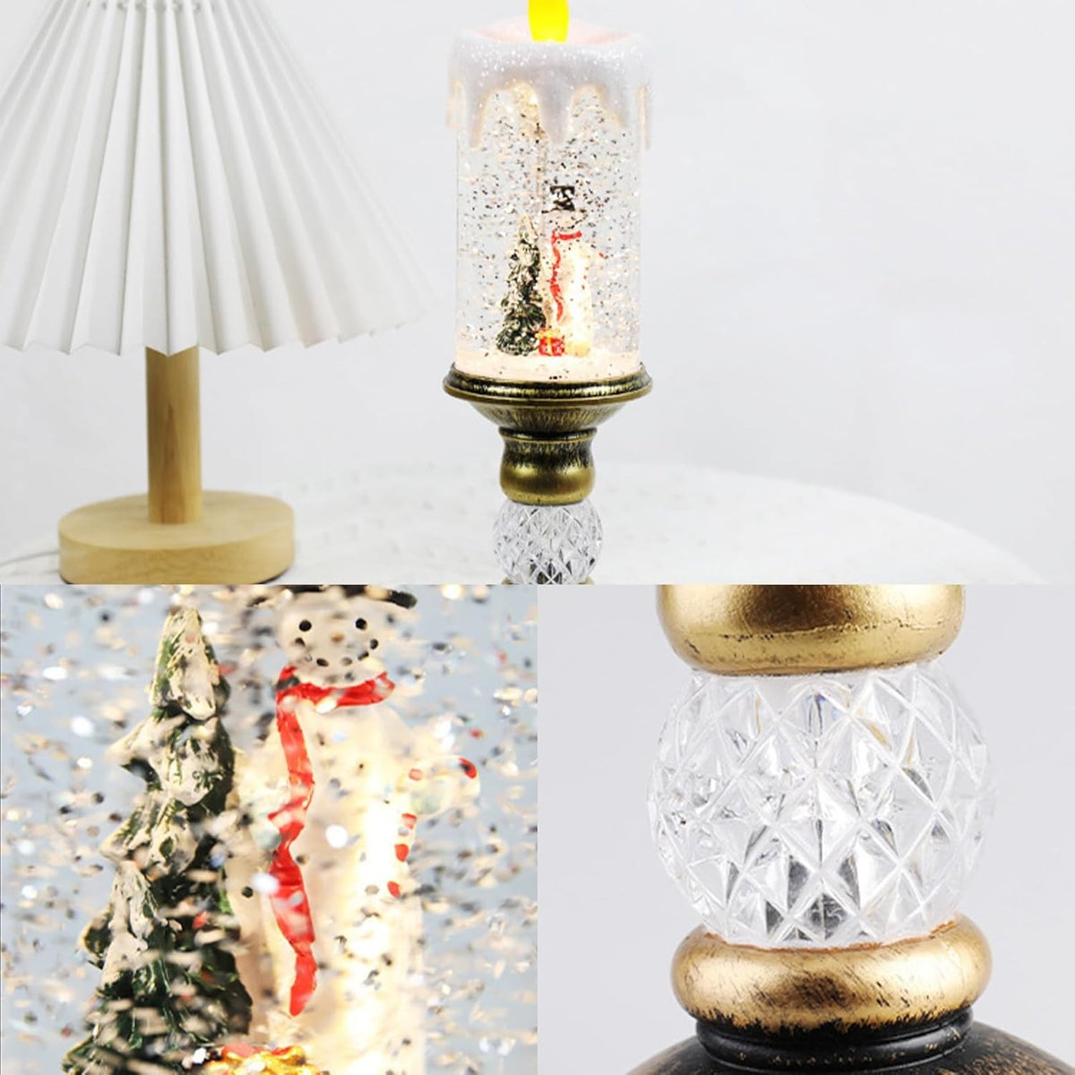 Decorațiune Luminoasă de Crăciun cu LED, Sfeșnic Muzical cu Efect de Ninsoare și Om de Zăpadă, Alimentare USB sau Baterii, PVC, 26x8.5x8.5 cm, Auriu