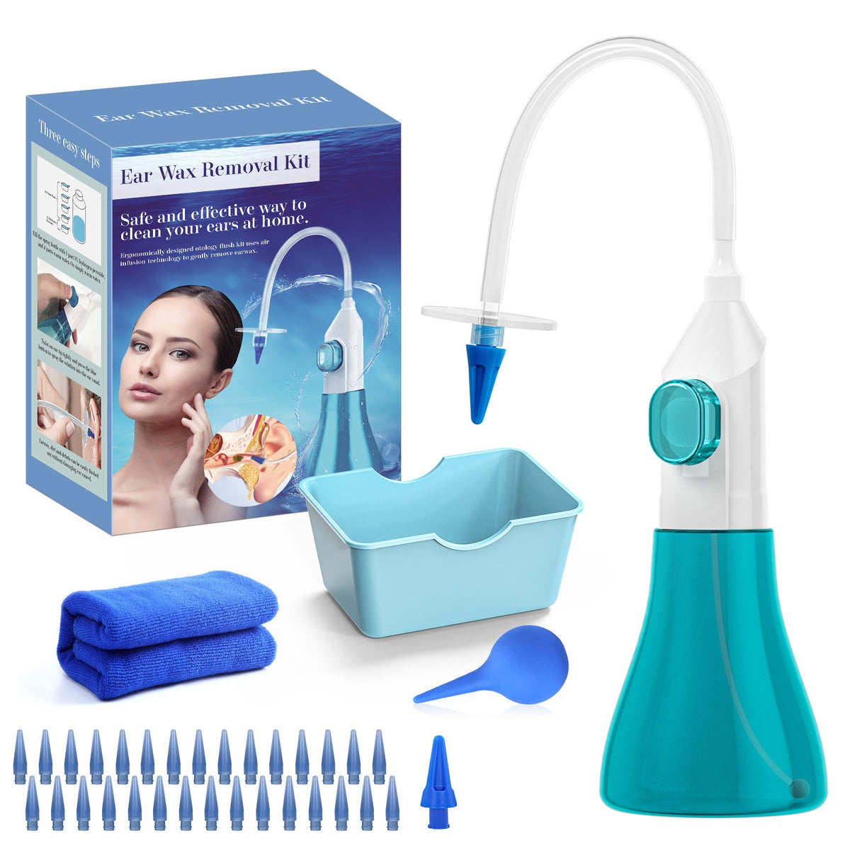 Dispozitiv pentru Curatare Urechi si Indepartare Ceara, Set Complet cu 31 Capete de Rezerva si Pompa, ABS si PC Medical, Verde