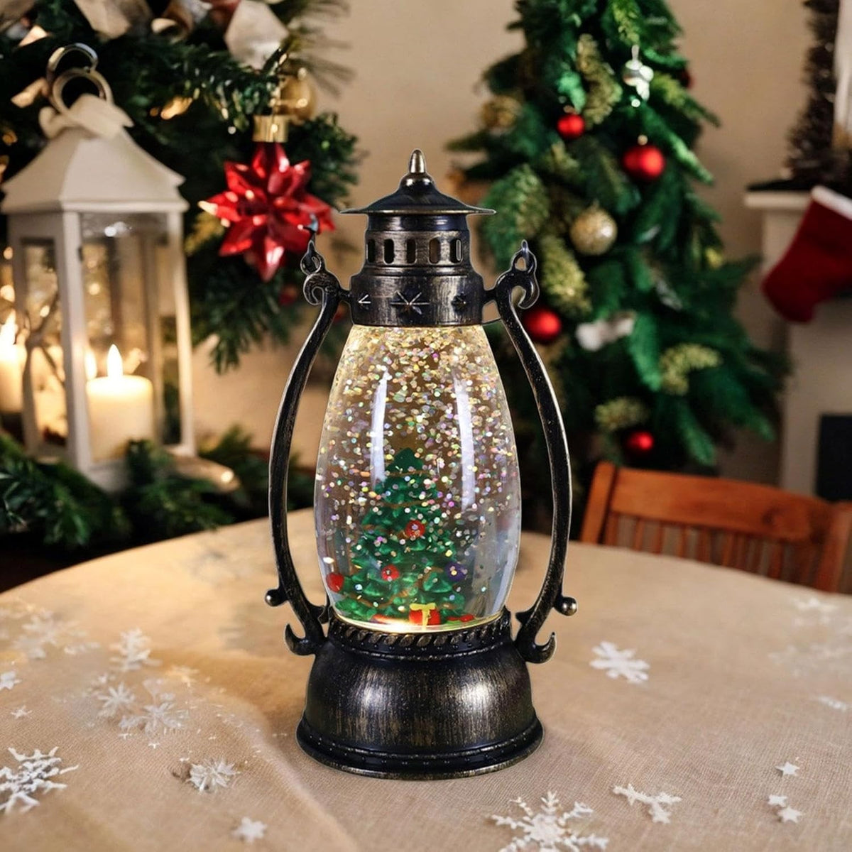 Felinar De Craciun Cu LED, Decoratiune Luminoasa Model Lampa Cu Ulei, Ornament Brad Cu Maner, Plastic PVC, 14x7x6 cm, Negru