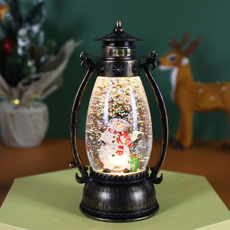 Felinar de Craciun cu Lumina LED Calda, Decoratiune Luminoasa Model Lampa cu Ulei, Design Om de Zapada, Material Plastic PVC, 14x7x6 cm, Negru