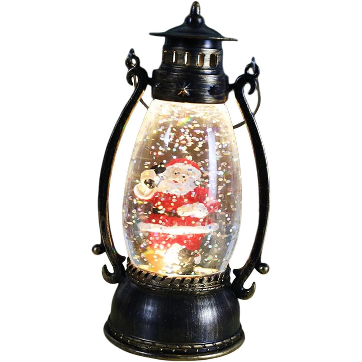 Felinar de Craciun cu Lumina LED Calda, Decoratiune Luminoasa Model Lampa cu Ulei si Mos Craciun, Material PVC cu Maner, 14x7x6 cm, Negru