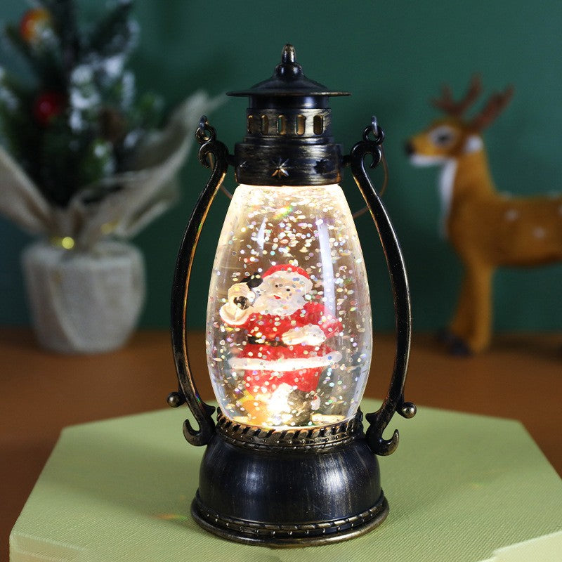 Felinar de Craciun cu Lumina LED Calda, Decoratiune Luminoasa Model Lampa cu Ulei si Mos Craciun, Material PVC cu Maner, 14x7x6 cm, Negru