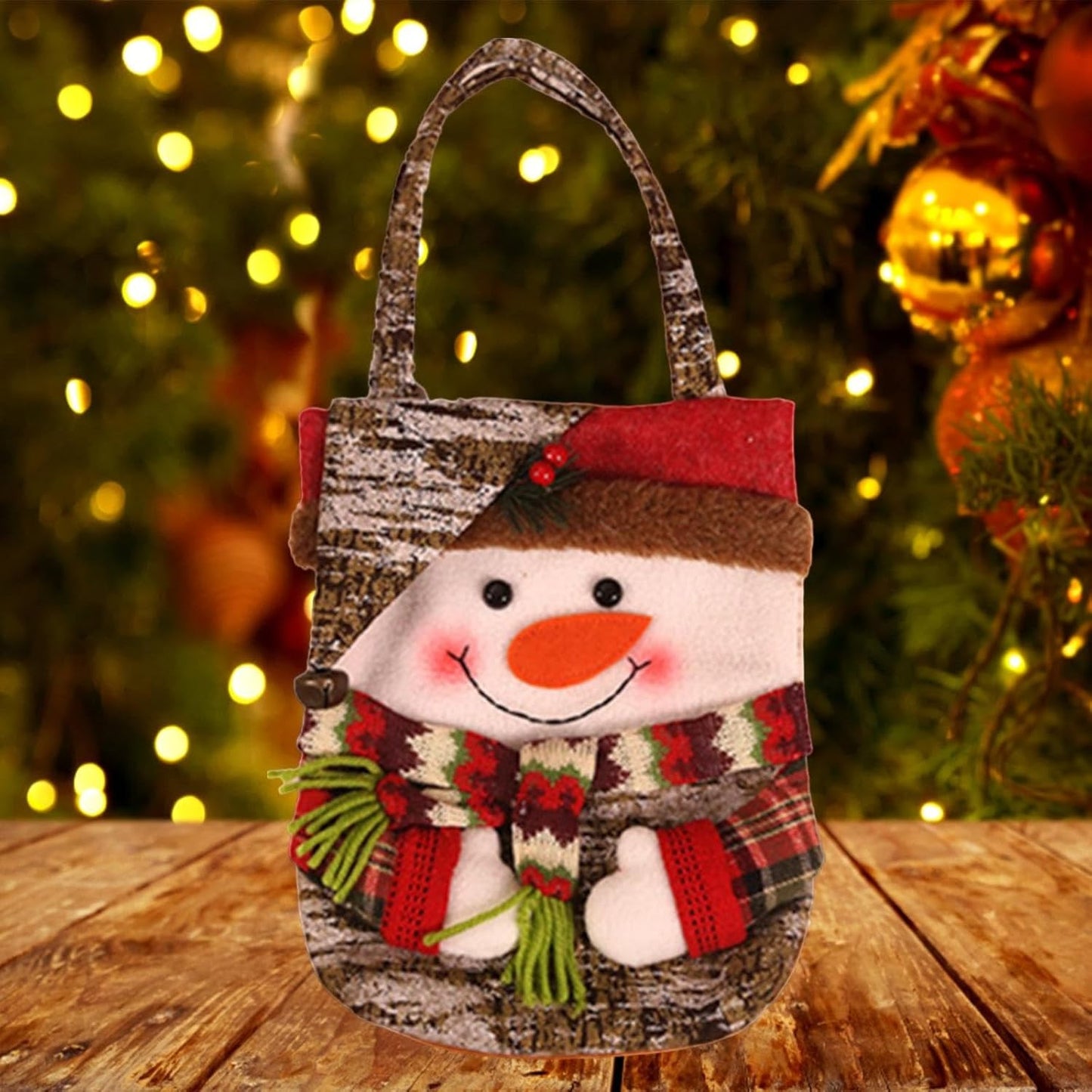 Geanta pentru Cadouri de Craciun, Model Om de Zapada, Decoratiune Festiva Hand-Made, Panza si Bumbac, 46x23x2 cm, Multicolor