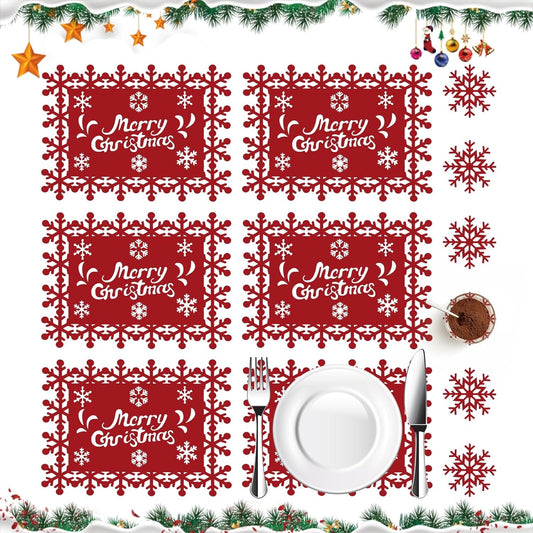 Teomarket, Set 12 Piese Servete De Masa Si Suporturi Pahare, Design Craciun Merry Christmas, Material Textil Premium, 6 Servete 25x35 cm si 6 Suporturi 10x10 cm, Rosu