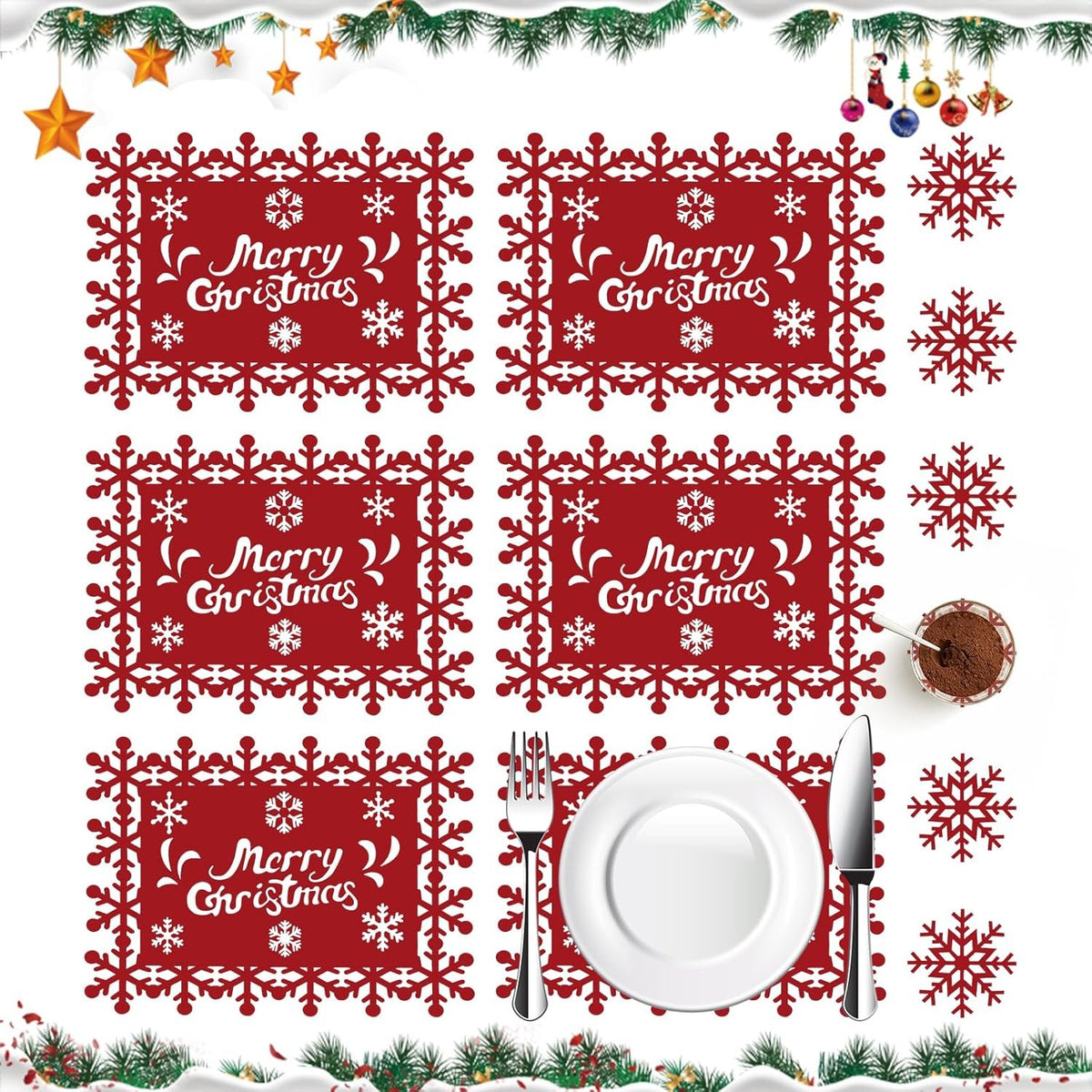 Teomarket, Set 12 Piese Servete De Masa Si Suporturi Pahare, Design Craciun Merry Christmas, Material Textil Premium, 6 Servete 25x35 cm si 6 Suporturi 10x10 cm, Rosu