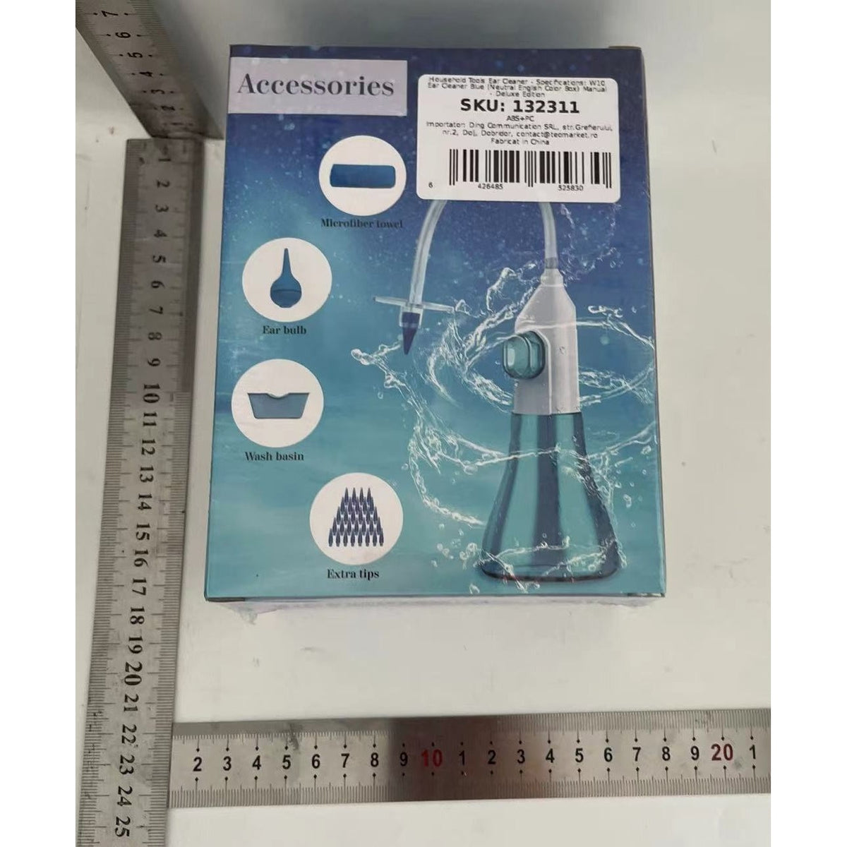 Dispozitiv de Curatare Urechi pentru Indepartare Ceara, Kit Complet cu 31 Capete Inlocuibile si Recipient Lichid, ABS si PC Medical, Albastru