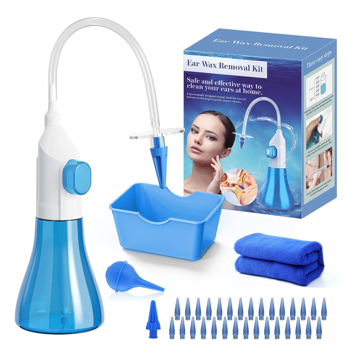 Dispozitiv de Curatare Urechi pentru Indepartare Ceara, Kit Complet cu 31 Capete Inlocuibile si Recipient Lichid, ABS si PC Medical, Albastru