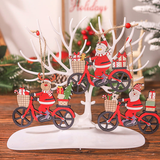 Decoratiune de Craciun, Ornament pentru Brad, Model Ren pe Bicicleta cu Snur de Agatare, Lemn Pictat, 10.3x11.5x0.5 cm, Multicolor