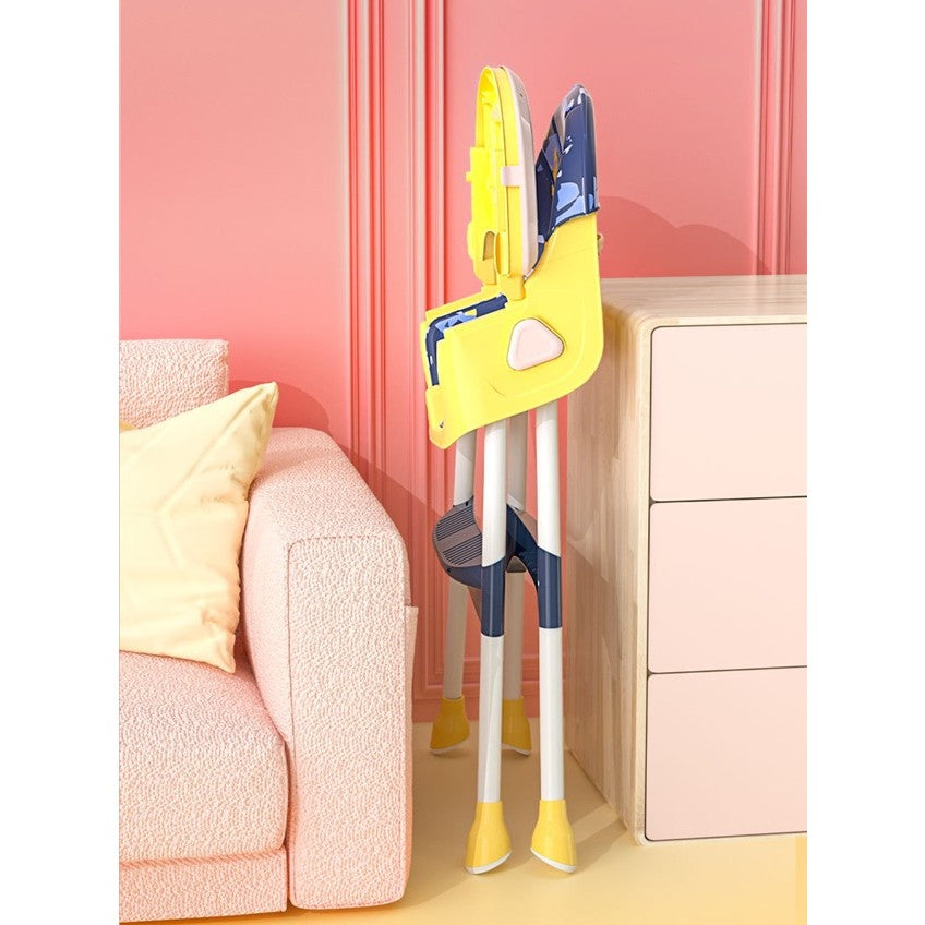 Scaun de Masa 2in1 pentru Copii si Bebelusi, Inaltime Reglabila, Centura in 5 Puncte, Roti cu Frana si Tavita Dubla, Piele PU si Otel, 6 Luni-5 Ani, Albastru/Galben