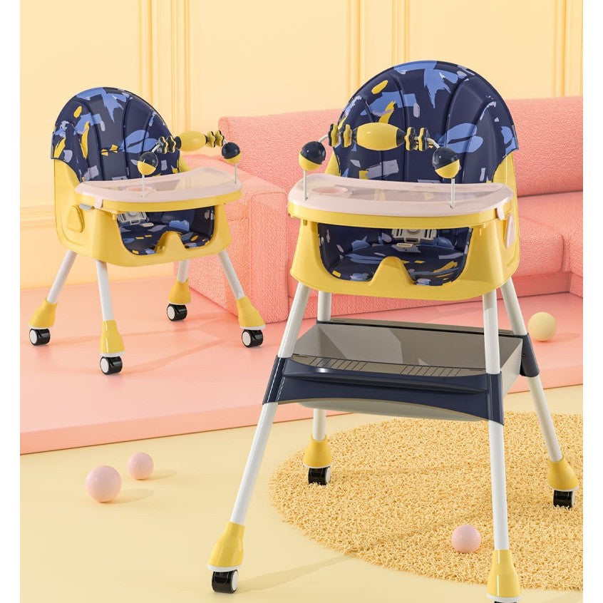 Scaun de Masa 2in1 pentru Copii si Bebelusi, Inaltime Reglabila, Centura in 5 Puncte, Roti cu Frana si Tavita Dubla, Piele PU si Otel, 6 Luni-5 Ani, Albastru/Galben