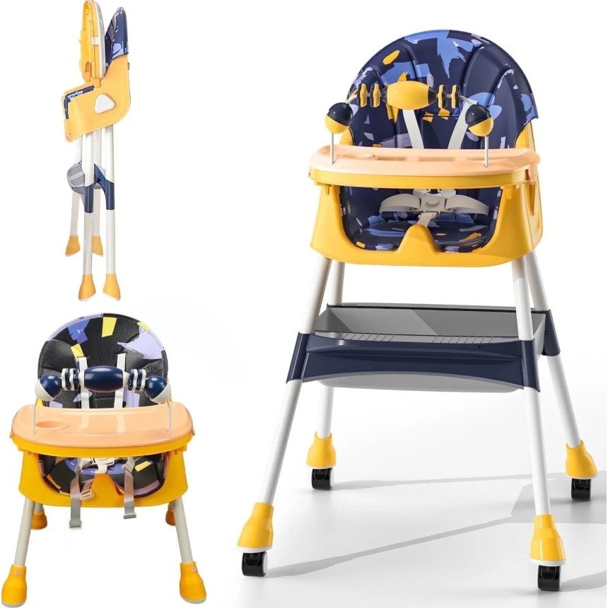 Scaun de Masa 2in1 pentru Copii si Bebelusi, Inaltime Reglabila, Centura in 5 Puncte, Roti cu Frana si Tavita Dubla, Piele PU si Otel, 6 Luni-5 Ani, Albastru/Galben