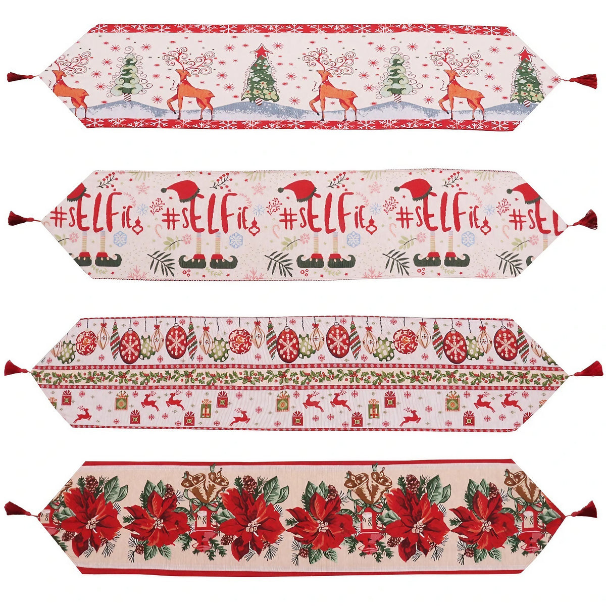 Traversă Masă Crăciun, Napron Decorativ Festiv, Model Reni și Globuri cu Ciucure, Material Tricotat Gros, Alb și Roșu, 173x34 cm
