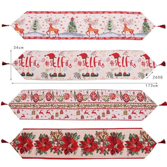 Traversa de Masa Craciun, Napron Decorativ cu Model Flori Rosii, Tesatura Tricotata Groasa cu Colt si Ciucure, Bumbac si Poliester, 173x34 cm, Alb/Rosu