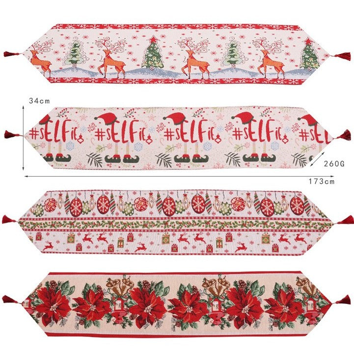 Traversa de Masa Craciun, Napron Decorativ cu Model Flori Rosii, Tesatura Tricotata Groasa cu Colt si Ciucure, Bumbac si Poliester, 173x34 cm, Alb/Rosu